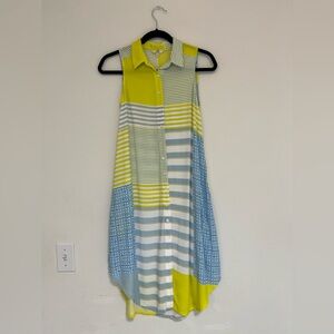 AND Blue Yellow Stripe Pearl Button Knee Length Dress